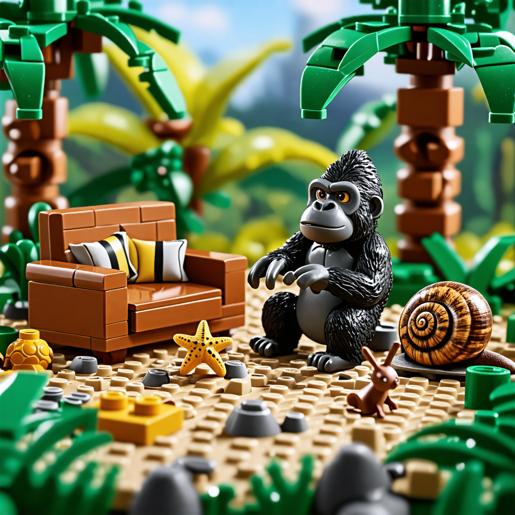 bee, snail, log, starfish, couch, squirrel, gorilla, lego, rock, palm tree